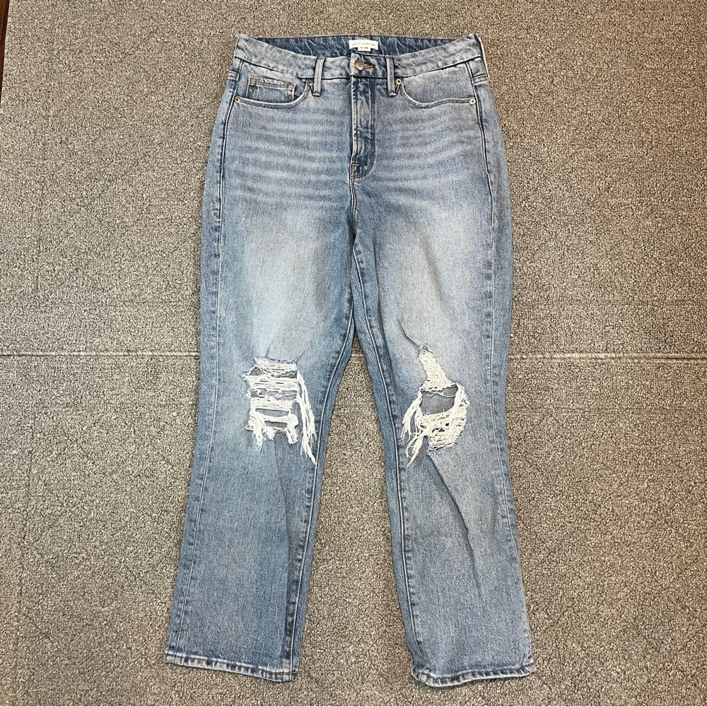 Good American Good Boy Destructed Womens Jeans 6/28 Distressed Indigo Light Wash